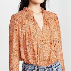 Free People Lela coral combo floral tie  peasant long sleeve blouse womens med